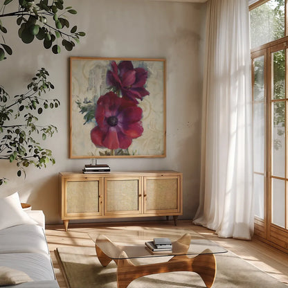 Rich Anemones I on Ivory by Danhui Nai. Shown in a natural wood frame in a cozy modern living room. Available as an archival giclee rolled canvas, fine art paper, or poster print. SKU 21261a.