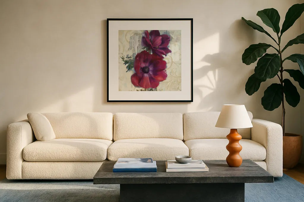 Rich Anemones I on Ivory by Danhui Nai. Displayed in a glass frame with matte in a clean modern living room. Available as an archival giclee rolled canvas, fine art paper, or poster print. SKU 21261a.