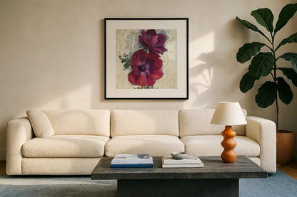 Rich Anemones I on Ivory by Danhui Nai. Displayed in a glass frame with matte in a clean modern living room. Available as an archival giclee rolled canvas, fine art paper, or poster print. SKU 21261a.