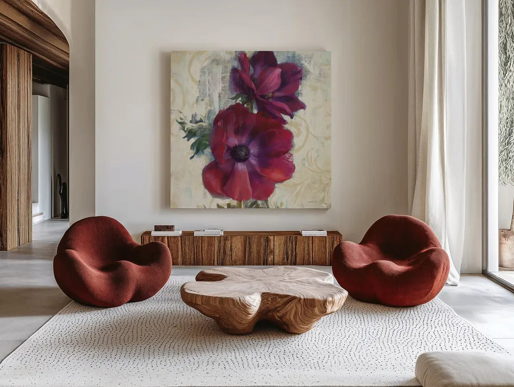Rich Anemones I on Ivory by Danhui Nai. Shown as extra-large giant wall art in a modern living room. Available as an archival giclee rolled canvas, fine art paper, or poster print. SKU 21261a.