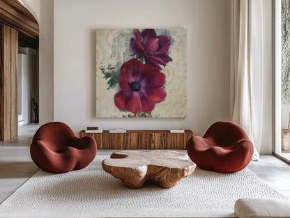 Rich Anemones I on Ivory by Danhui Nai. Shown as extra-large giant wall art in a modern living room. Available as an archival giclee rolled canvas, fine art paper, or poster print. SKU 21261a.