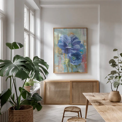 Rich Anemones II by Danhui Nai. shown as a print in a natural wood frame in a dining room. Available as a archival giclee rolled canvas, fine art paper, or poster print. SKU 92983h.