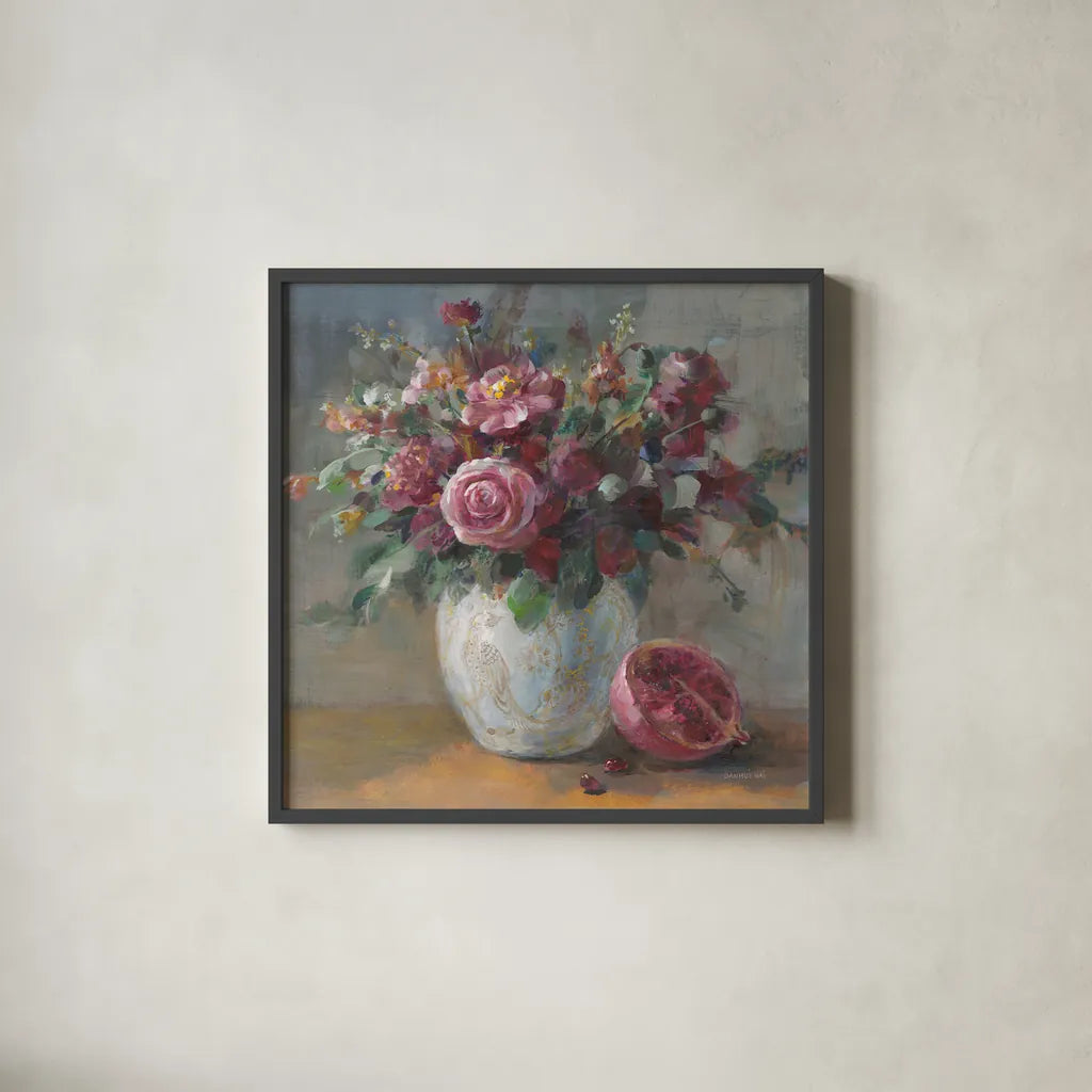 Rich Fall Florals by Danhui Nai. Shown in a sleek black glass frame for a contemporary gallery look. Available as an archival giclee rolled canvas, fine art paper, or poster print. SKU 84444a.