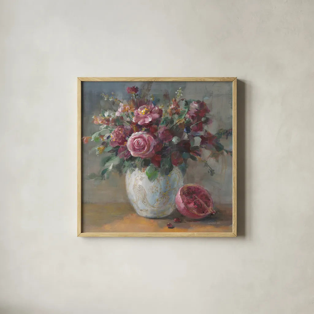 Rich Fall Florals by Danhui Nai. Shown in a natural wood glass frame for a timeless modern aesthetic. Available as an archival giclee rolled canvas, fine art paper, or poster print. SKU 84444a.