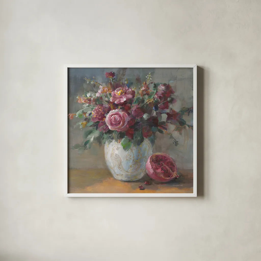Rich Fall Florals by Danhui Nai. Shown in a crisp white glass frame for a clean and minimalist style. Available as an archival giclee rolled canvas, fine art paper, or poster print. SKU 84444a.