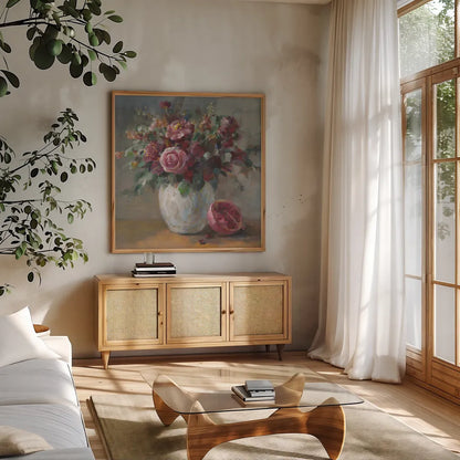 Rich Fall Florals by Danhui Nai. Shown in a natural wood frame in a cozy modern living room. Available as an archival giclee rolled canvas, fine art paper, or poster print. SKU 84444a.