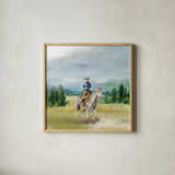 Riders of the Range I by Danhui Nai. Shown in a natural wood glass frame for a timeless modern aesthetic. Available as an archival giclee rolled canvas, fine art paper, or poster print. SKU 96937a.