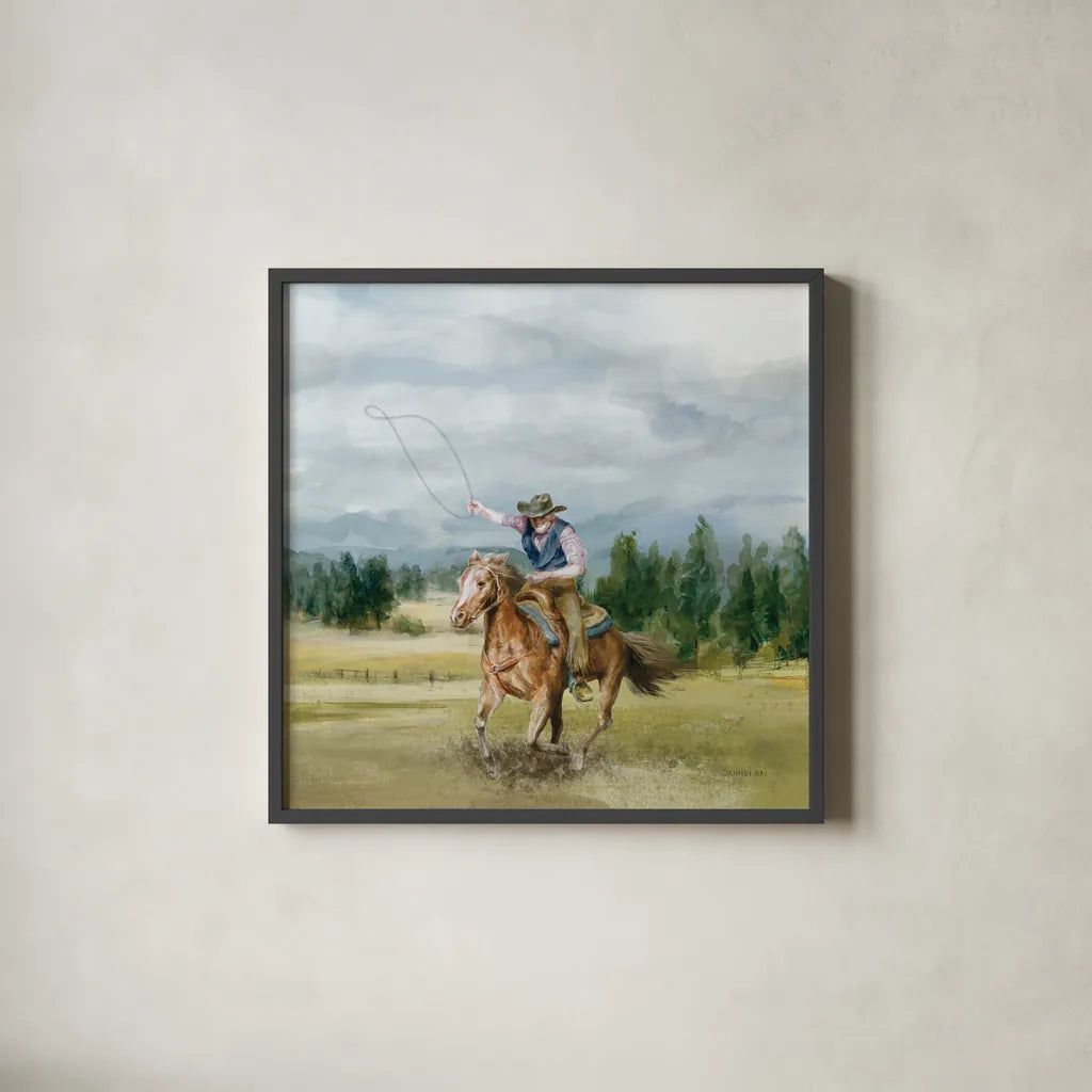 Riders of the Range II by Danhui Nai. Shown in a sleek black glass frame for a contemporary gallery look. Available as an archival giclee rolled canvas, fine art paper, or poster print. SKU 96938a.