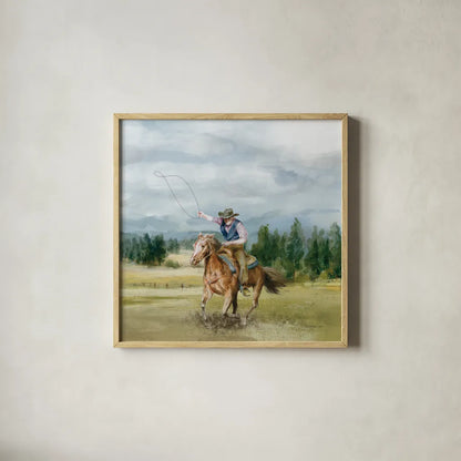 Riders of the Range II by Danhui Nai. Shown in a natural wood glass frame for a timeless modern aesthetic. Available as an archival giclee rolled canvas, fine art paper, or poster print. SKU 96938a.