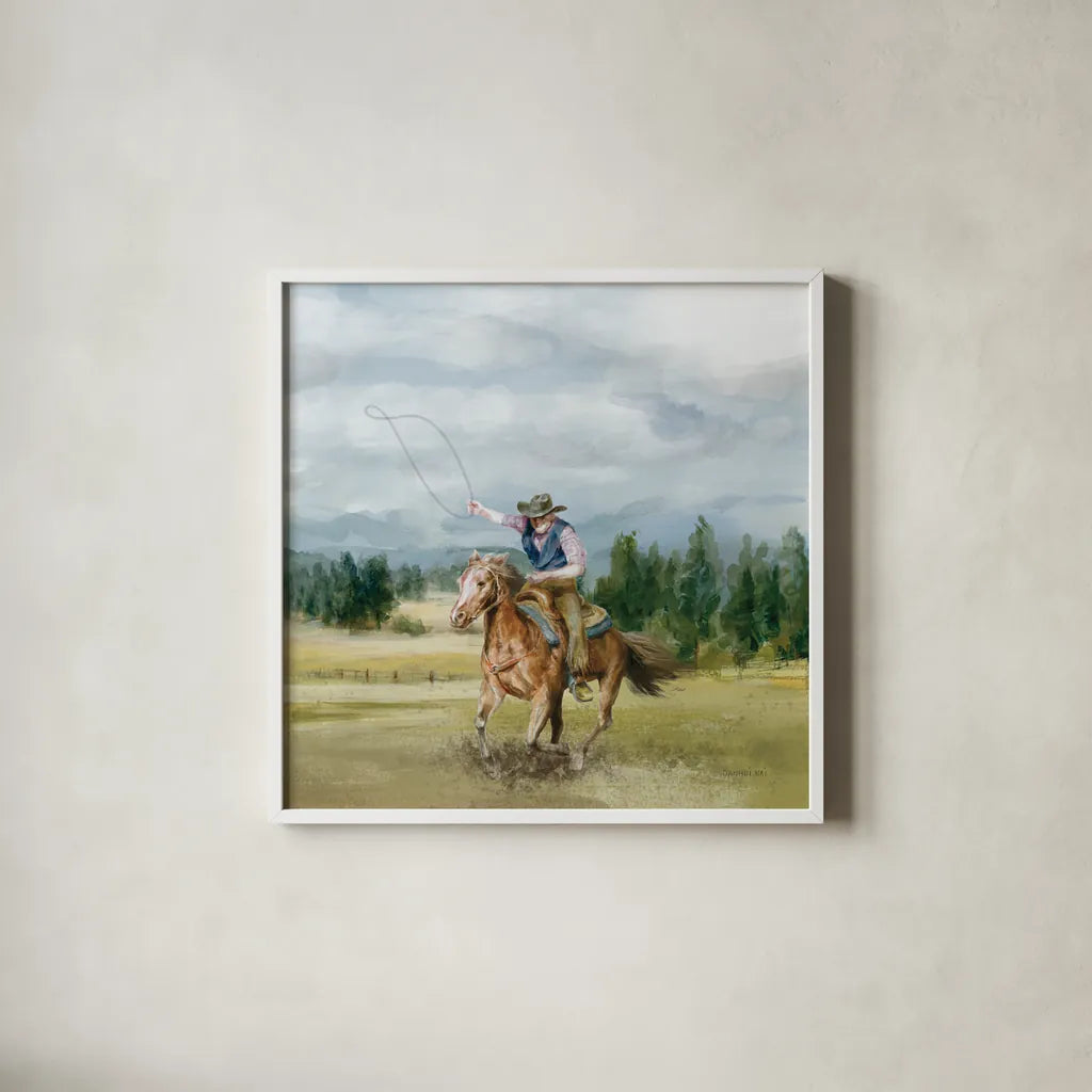 Riders of the Range II by Danhui Nai. Shown in a crisp white glass frame for a clean and minimalist style. Available as an archival giclee rolled canvas, fine art paper, or poster print. SKU 96938a.