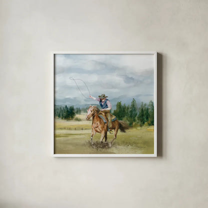 Riders of the Range II by Danhui Nai. Shown in a crisp white glass frame for a clean and minimalist style. Available as an archival giclee rolled canvas, fine art paper, or poster print. SKU 96938a.