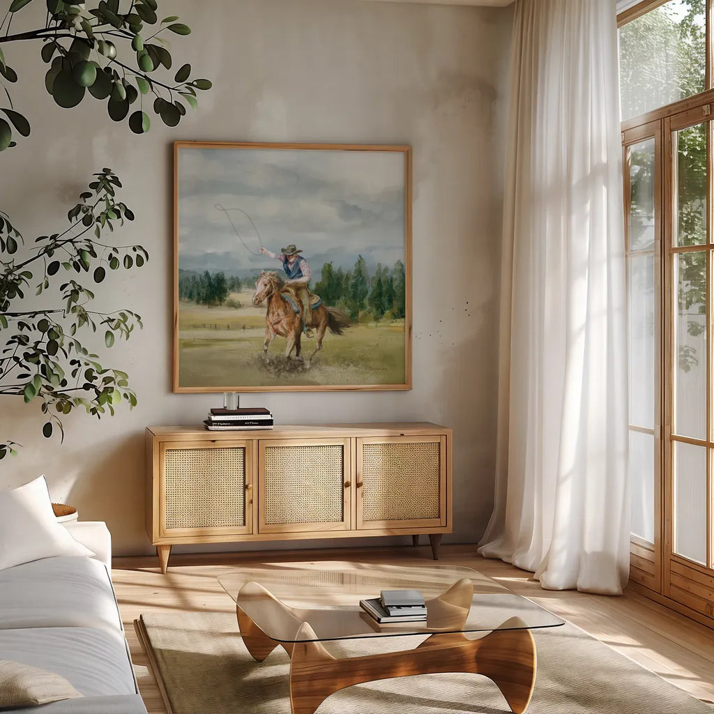 Riders of the Range II by Danhui Nai. Shown in a natural wood frame in a cozy modern living room. Available as an archival giclee rolled canvas, fine art paper, or poster print. SKU 96938a.