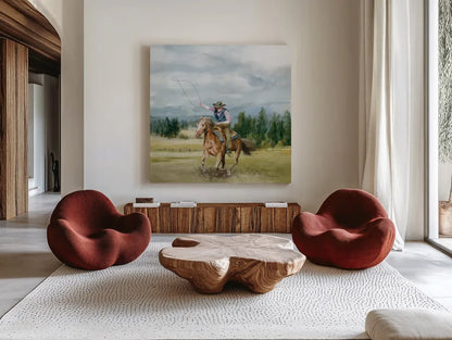 Riders of the Range II by Danhui Nai. Shown as extra-large giant wall art in a modern living room. Available as an archival giclee rolled canvas, fine art paper, or poster print. SKU 96938a.