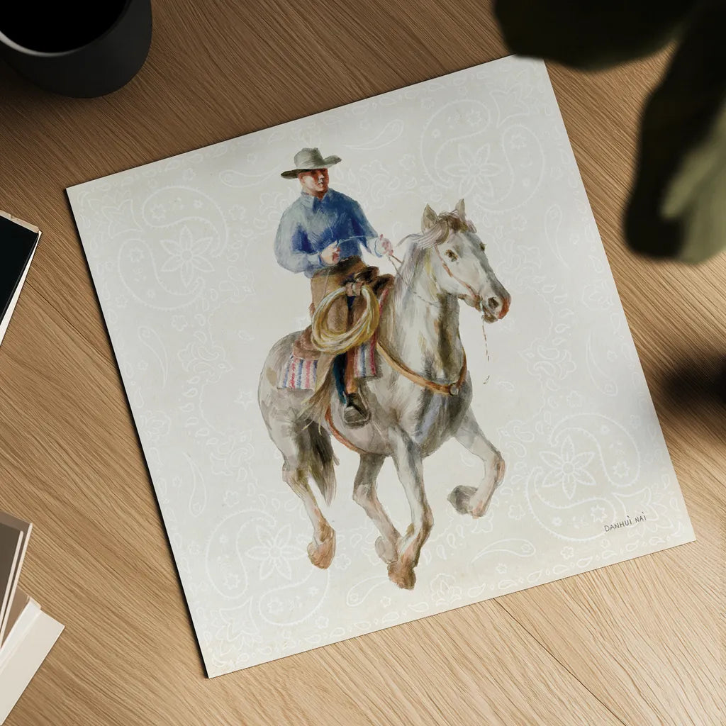 Riders of the Range III by Danhui Nai. Shown as a detailed flat fine art print, highlighting archival giclee quality. Available as an archival giclee rolled canvas, fine art paper, or poster print. SKU 96939a.