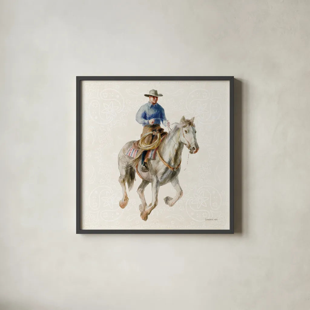 Riders of the Range III by Danhui Nai. Shown in a sleek black glass frame for a contemporary gallery look. Available as an archival giclee rolled canvas, fine art paper, or poster print. SKU 96939a.
