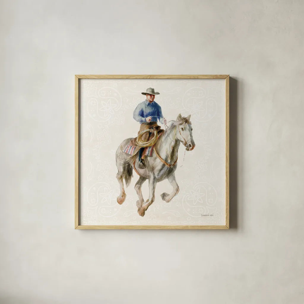 Riders of the Range III by Danhui Nai. Shown in a natural wood glass frame for a timeless modern aesthetic. Available as an archival giclee rolled canvas, fine art paper, or poster print. SKU 96939a.