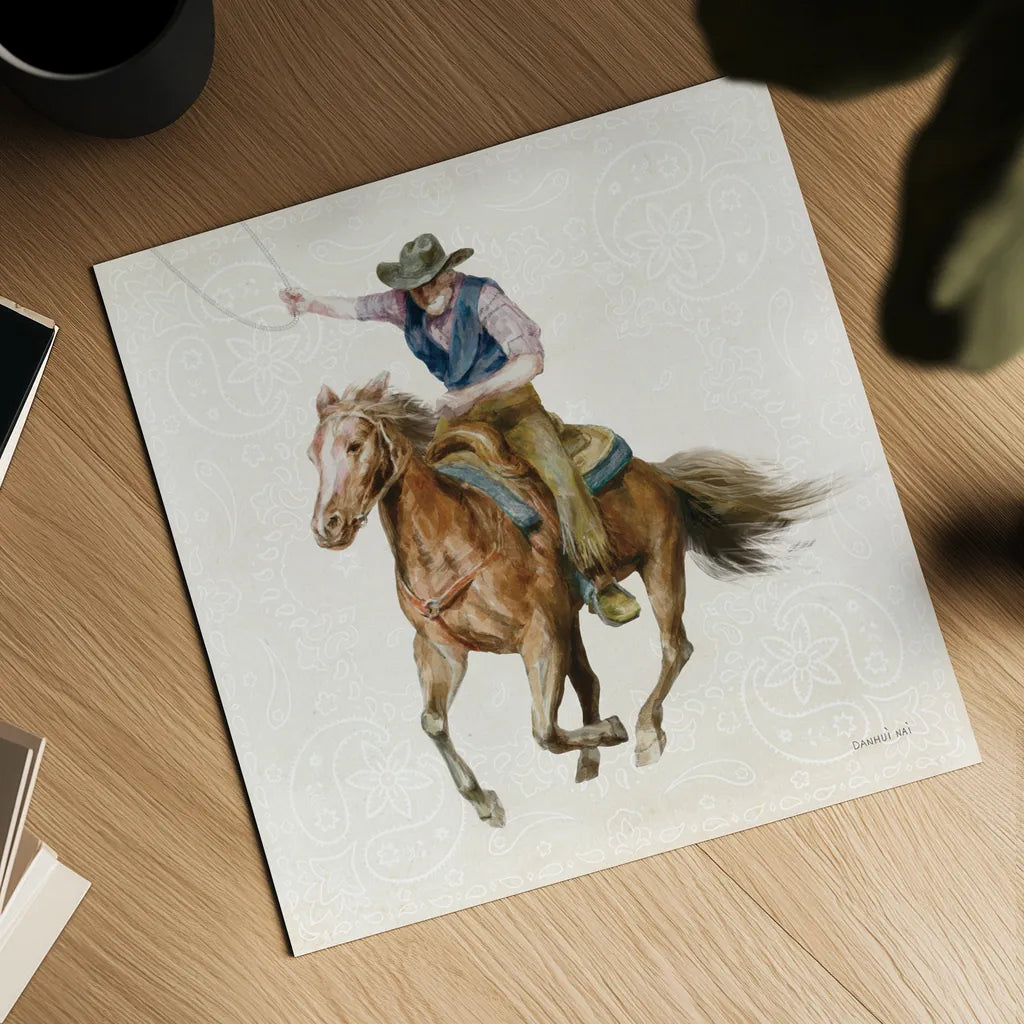 Riders of the Range IV by Danhui Nai. Shown as a detailed flat fine art print, highlighting archival giclee quality. Available as an archival giclee rolled canvas, fine art paper, or poster print. SKU 96940a.