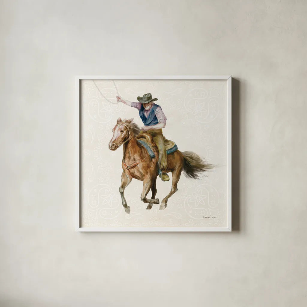 Riders of the Range IV by Danhui Nai. Shown in a crisp white glass frame for a clean and minimalist style. Available as an archival giclee rolled canvas, fine art paper, or poster print. SKU 96940a.