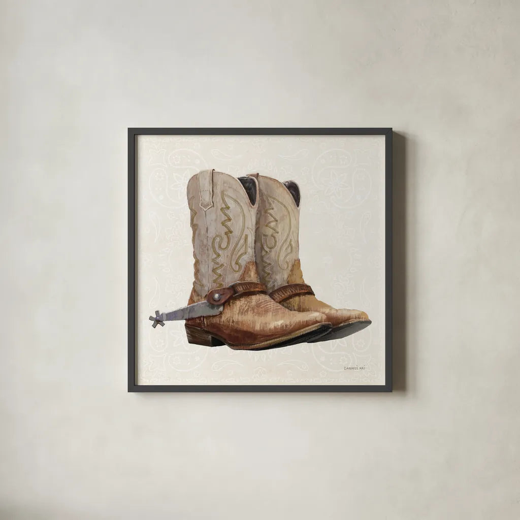 Riders of the Range V by Danhui Nai. Shown in a sleek black glass frame for a contemporary gallery look. Available as an archival giclee rolled canvas, fine art paper, or poster print. SKU 96941a.