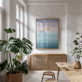 Rising and Setting by Danhui Nai. shown as a print in a natural wood frame in a dining room. Available as a archival giclee rolled canvas, fine art paper, or poster print. SKU 66048h.