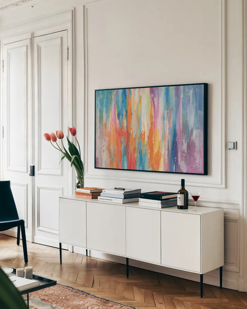 Riviera by Danhui Nai. shown as a framed stretched canvas in a living room above a console. Available as a archival giclee rolled canvas, fine art paper, or poster print. SKU 66050i.