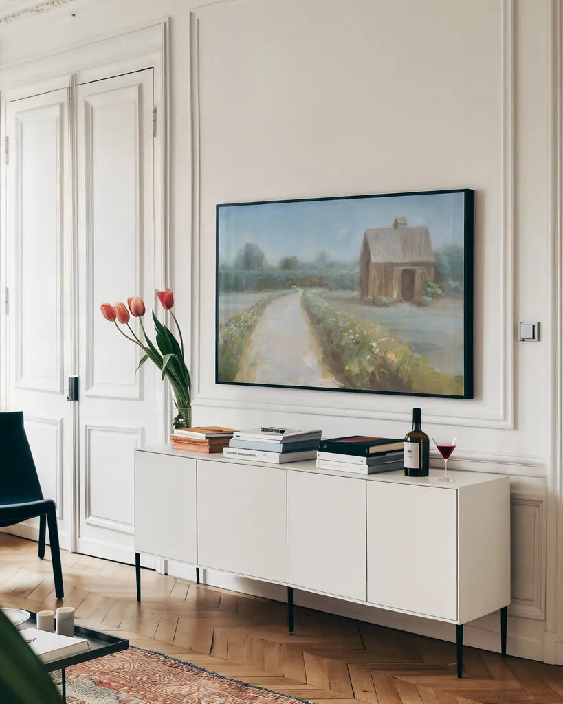 Road to the Fields by Danhui Nai. shown as a framed stretched canvas in a living room above a console. Available as a archival giclee rolled canvas, fine art paper, or poster print. SKU 68233i.