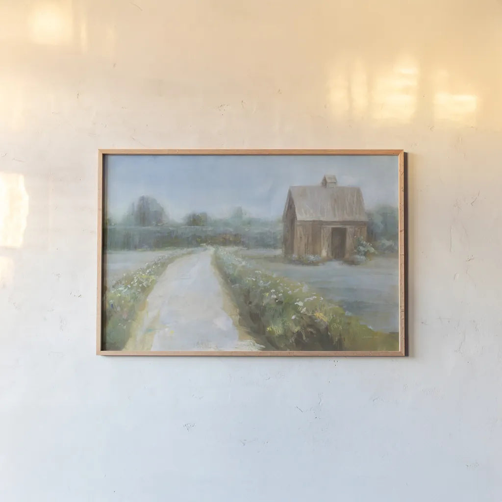 Road to the Fields by Danhui Nai. shown as a paper print in a natural frame. Available as a archival giclee rolled canvas, fine art paper, or poster print. SKU 68233i.