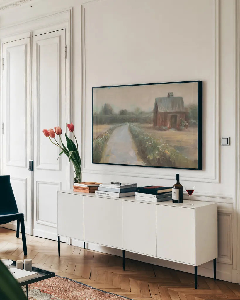 Road to the Fields Neutral by Danhui Nai. shown as a framed stretched canvas in a living room above a console. Available as a archival giclee rolled canvas, fine art paper, or poster print. SKU 68335i.