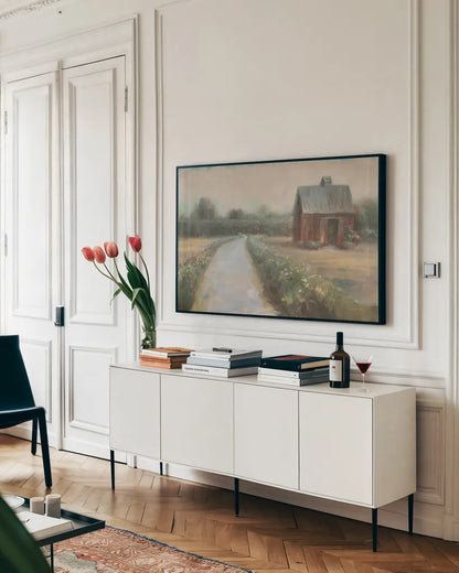Road to the Fields Neutral by Danhui Nai. shown as a framed stretched canvas in a living room above a console. Available as a archival giclee rolled canvas, fine art paper, or poster print. SKU 68335i.