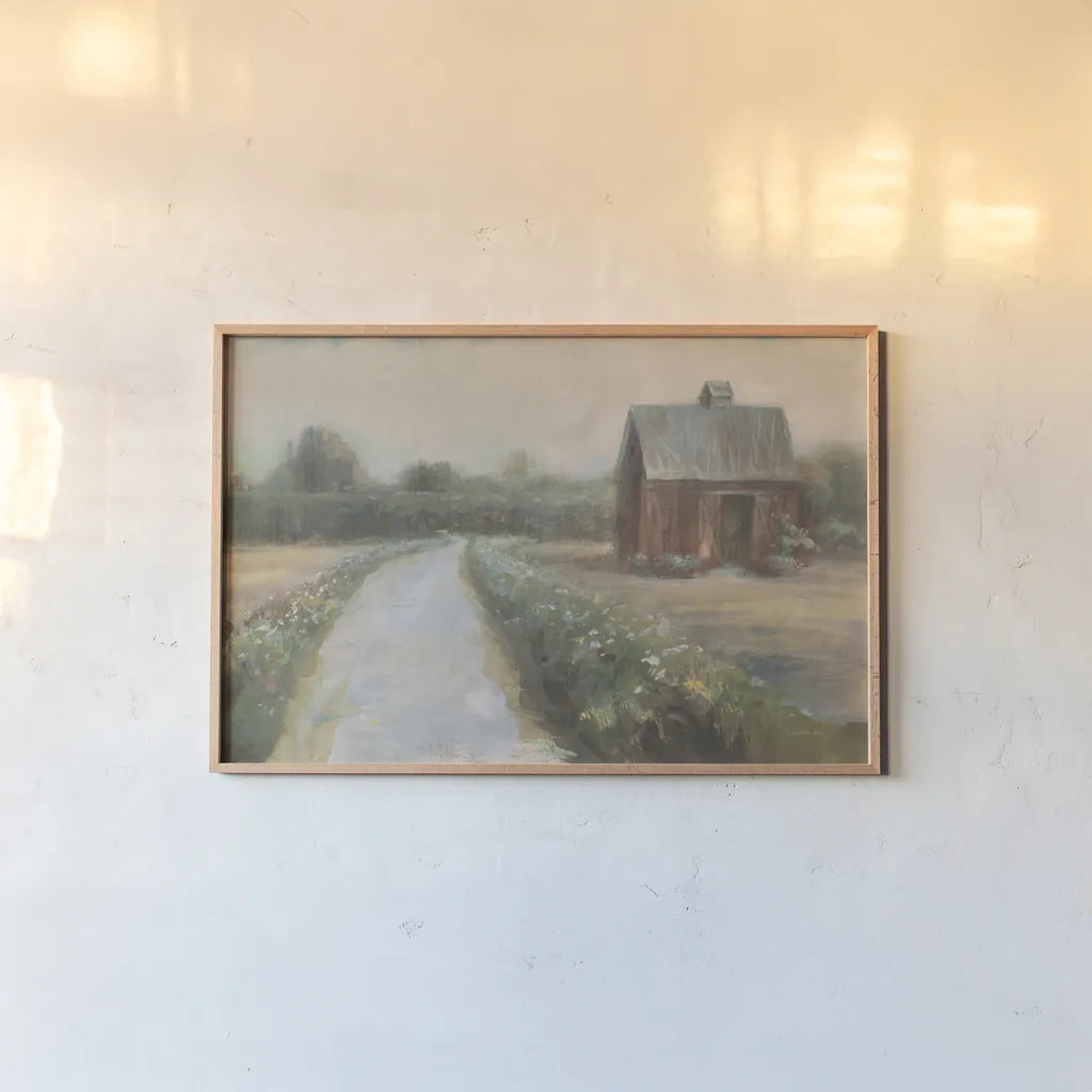 Road to the Fields Neutral by Danhui Nai. shown as a paper print in a natural frame. Available as a archival giclee rolled canvas, fine art paper, or poster print. SKU 68335i.