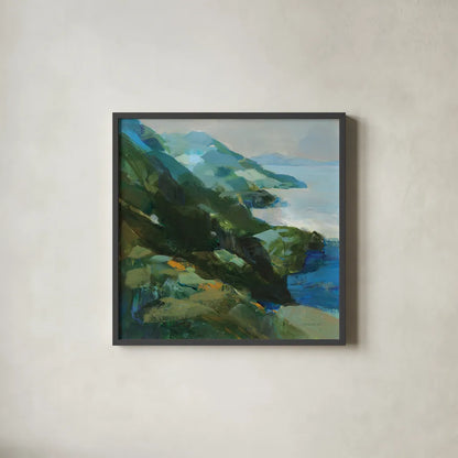 Rocky Shoreline I by Danhui Nai. Shown in a sleek black glass frame for a contemporary gallery look. Available as an archival giclee rolled canvas, fine art paper, or poster print. SKU 81370a.