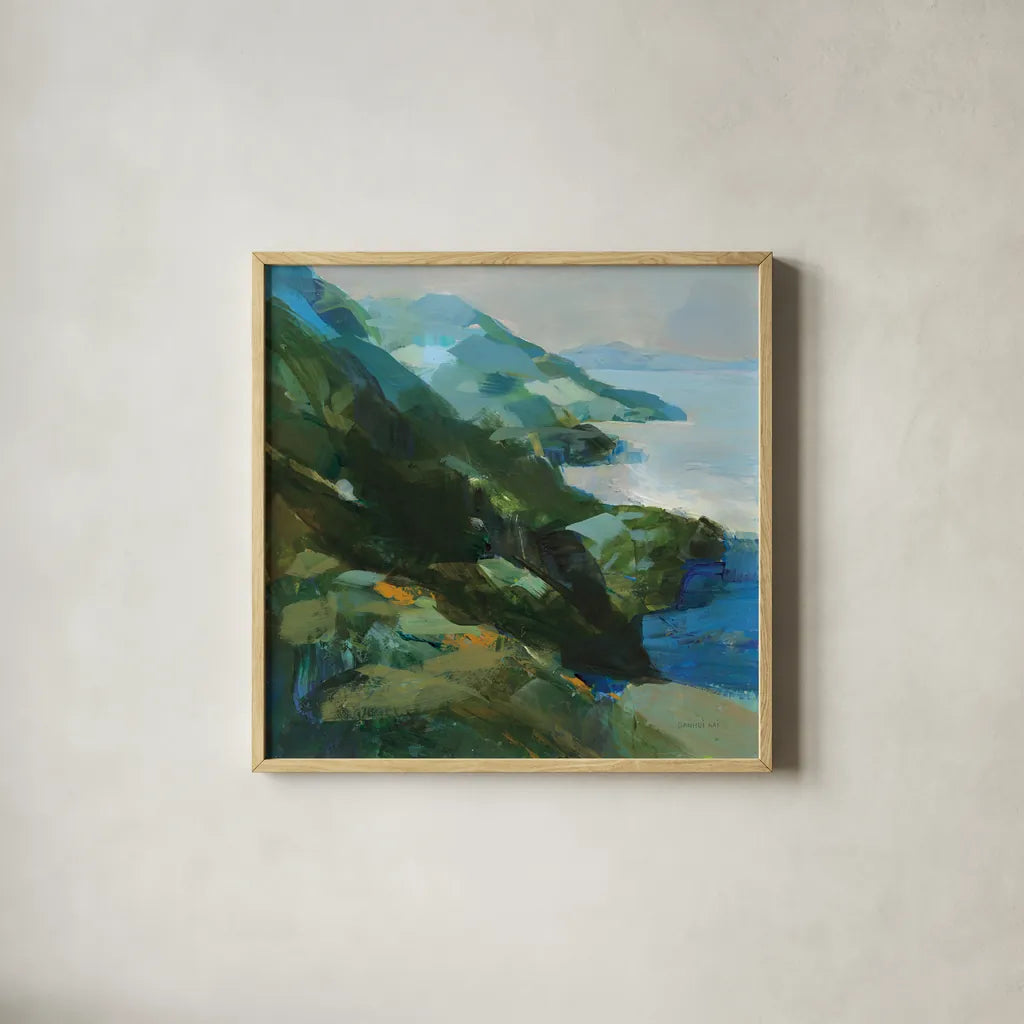 Rocky Shoreline I by Danhui Nai. Shown in a natural wood glass frame for a timeless modern aesthetic. Available as an archival giclee rolled canvas, fine art paper, or poster print. SKU 81370a.