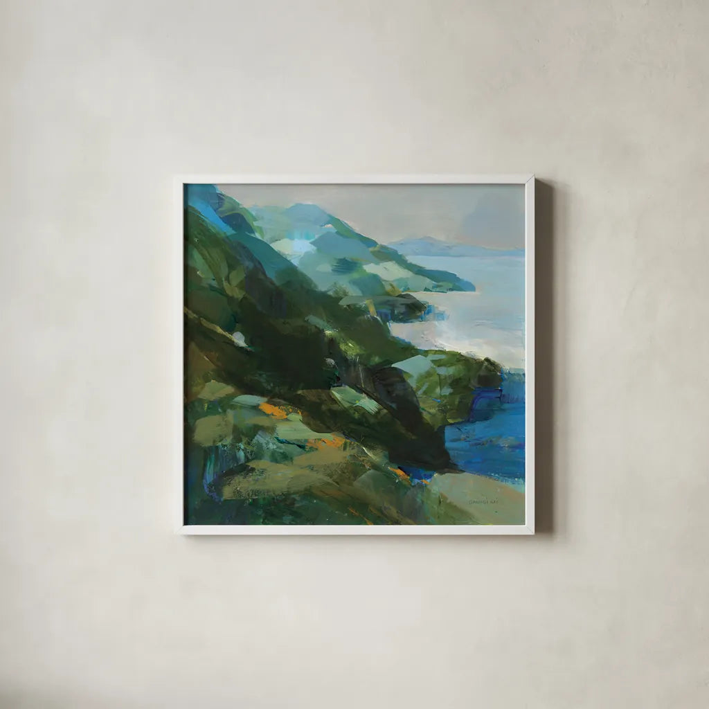 Rocky Shoreline I by Danhui Nai. Shown in a crisp white glass frame for a clean and minimalist style. Available as an archival giclee rolled canvas, fine art paper, or poster print. SKU 81370a.