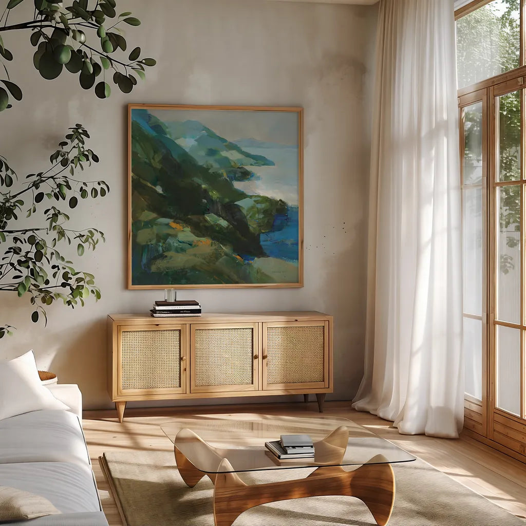 Rocky Shoreline I by Danhui Nai. Shown in a natural wood frame in a cozy modern living room. Available as an archival giclee rolled canvas, fine art paper, or poster print. SKU 81370a.