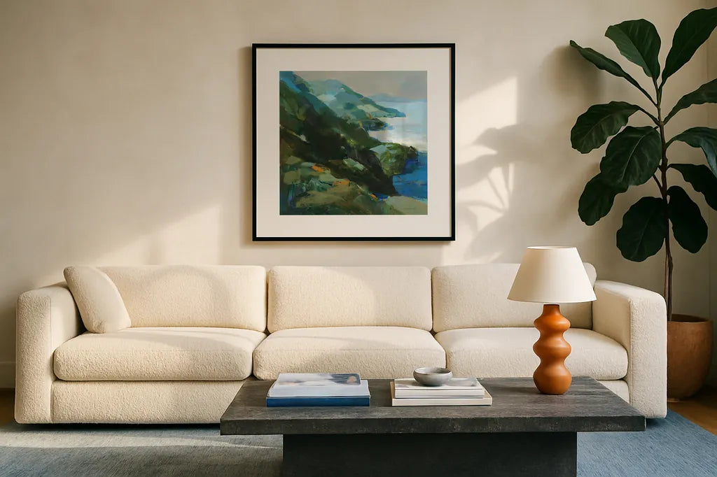Rocky Shoreline I by Danhui Nai. Displayed in a glass frame with matte in a clean modern living room. Available as an archival giclee rolled canvas, fine art paper, or poster print. SKU 81370a.