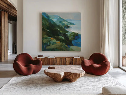 Rocky Shoreline I by Danhui Nai. Shown as extra-large giant wall art in a modern living room. Available as an archival giclee rolled canvas, fine art paper, or poster print. SKU 81370a.