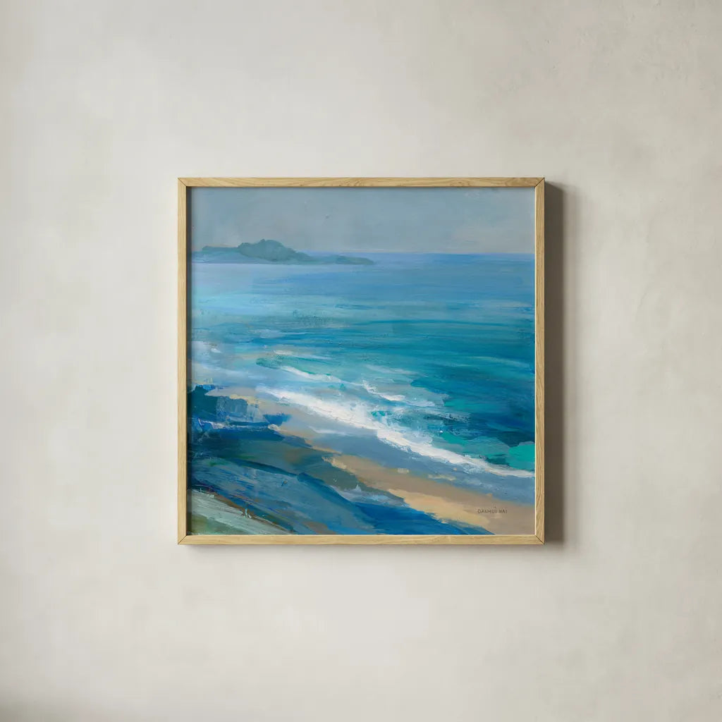 Rocky Shoreline II by Danhui Nai. Shown in a natural wood glass frame for a timeless modern aesthetic. Available as an archival giclee rolled canvas, fine art paper, or poster print. SKU 81371a.