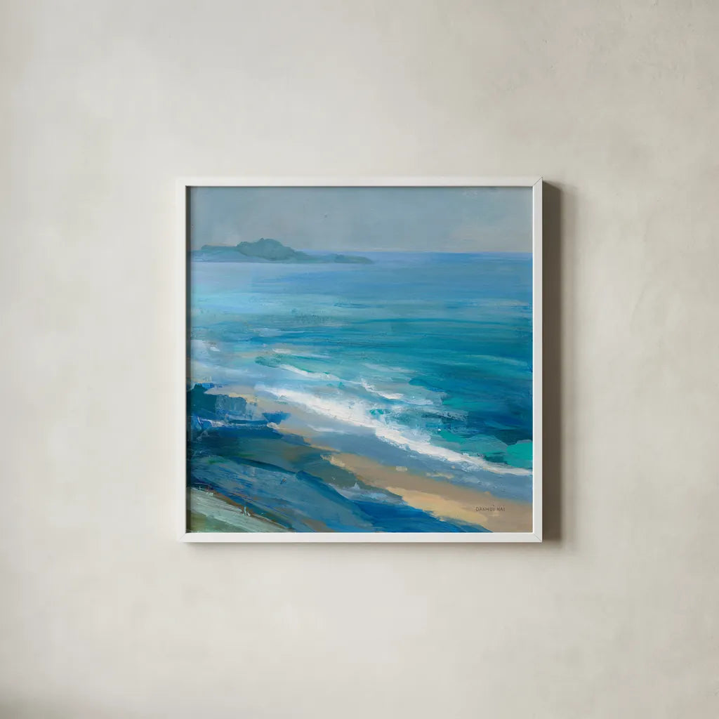 Rocky Shoreline II by Danhui Nai. Shown in a crisp white glass frame for a clean and minimalist style. Available as an archival giclee rolled canvas, fine art paper, or poster print. SKU 81371a.