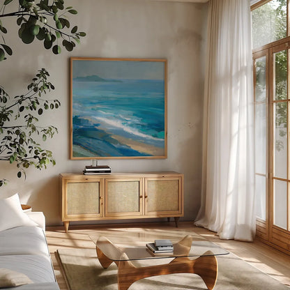 Rocky Shoreline II by Danhui Nai. Shown in a natural wood frame in a cozy modern living room. Available as an archival giclee rolled canvas, fine art paper, or poster print. SKU 81371a.