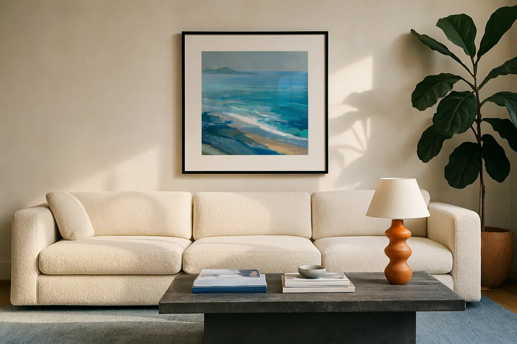 Rocky Shoreline II by Danhui Nai. Displayed in a glass frame with matte in a clean modern living room. Available as an archival giclee rolled canvas, fine art paper, or poster print. SKU 81371a.