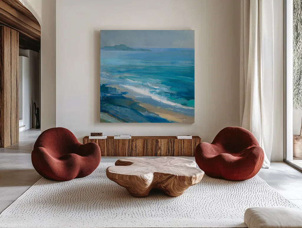 Rocky Shoreline II by Danhui Nai. Shown as extra-large giant wall art in a modern living room. Available as an archival giclee rolled canvas, fine art paper, or poster print. SKU 81371a.