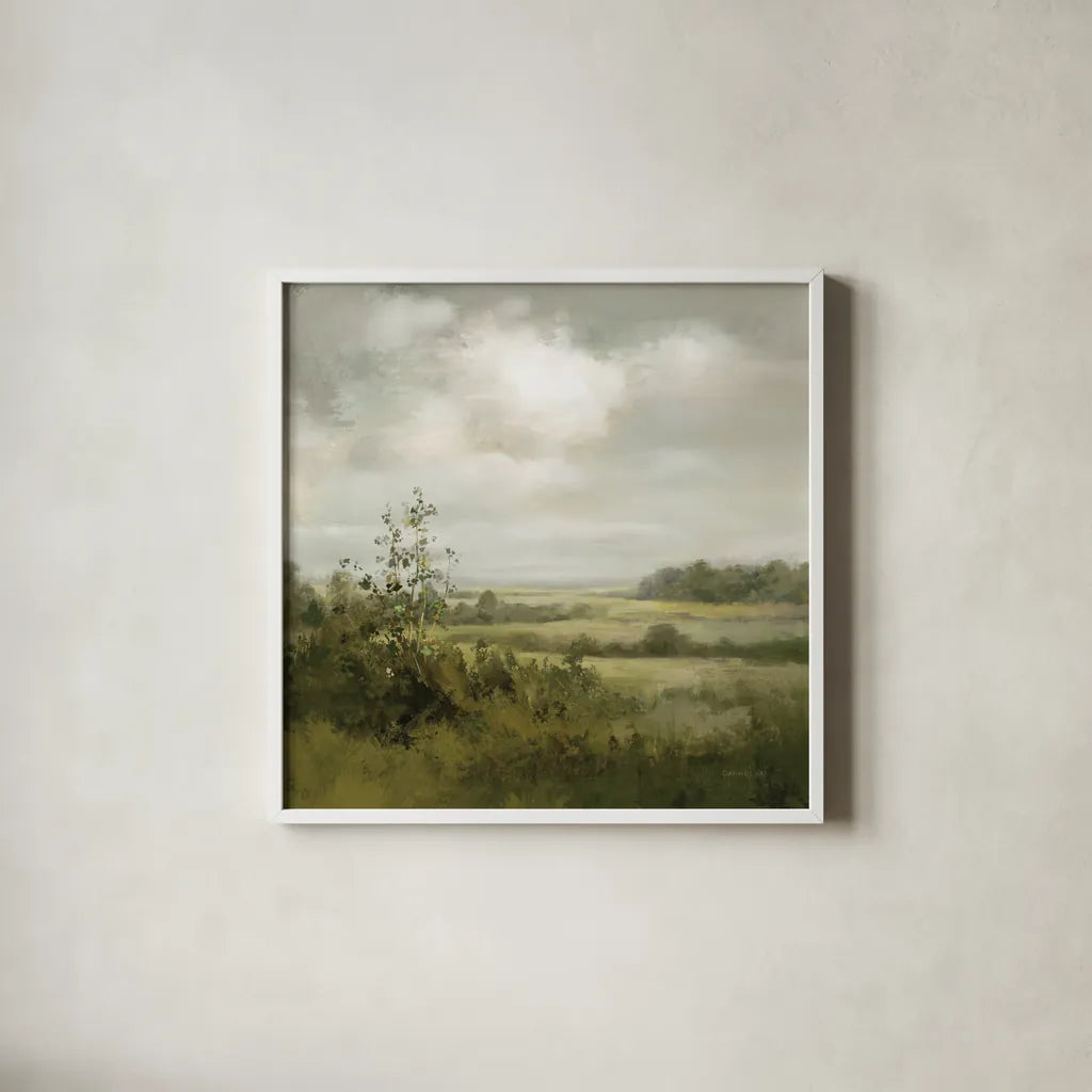 Rolling Fields by Danhui Nai. Shown in a crisp white glass frame for a clean and minimalist style. Available as an archival giclee rolled canvas, fine art paper, or poster print. SKU 102489a.