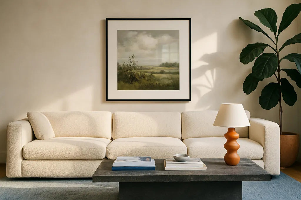 Rolling Fields by Danhui Nai. Displayed in a glass frame with matte in a clean modern living room. Available as an archival giclee rolled canvas, fine art paper, or poster print. SKU 102489a.