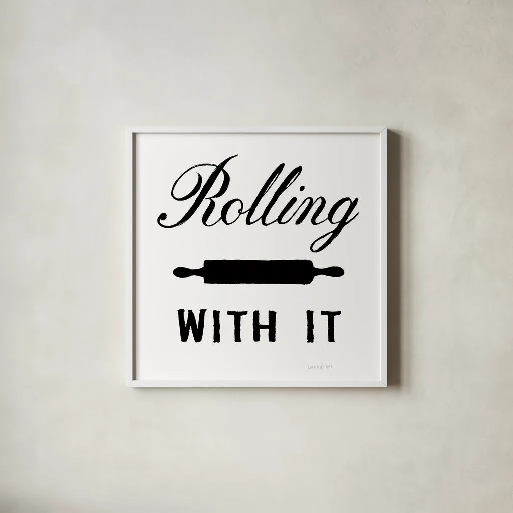 Rolling With It by Danhui Nai. Shown in a crisp white glass frame for a clean and minimalist style. Available as an archival giclee rolled canvas, fine art paper, or poster print. SKU 75935a.