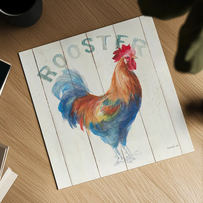 Rooster by Danhui Nai. Shown as a detailed flat fine art print, highlighting archival giclee quality. Available as an archival giclee rolled canvas, fine art paper, or poster print. SKU 46168a.