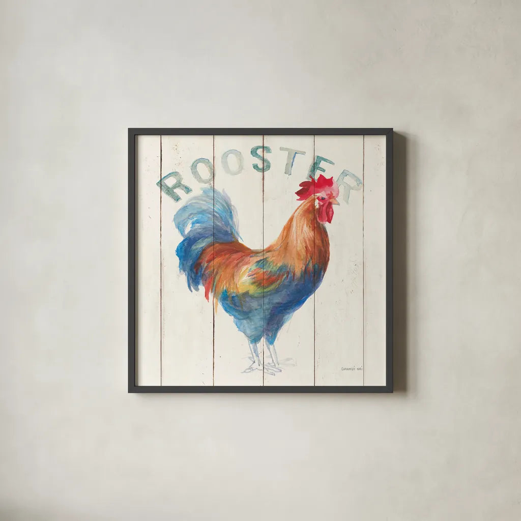 Rooster by Danhui Nai. Shown in a sleek black glass frame for a contemporary gallery look. Available as an archival giclee rolled canvas, fine art paper, or poster print. SKU 46168a.