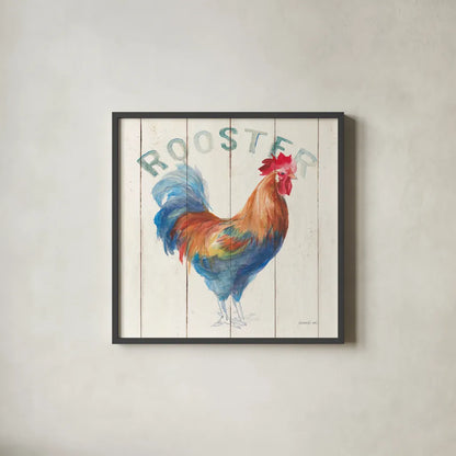 Rooster by Danhui Nai. Shown in a sleek black glass frame for a contemporary gallery look. Available as an archival giclee rolled canvas, fine art paper, or poster print. SKU 46168a.