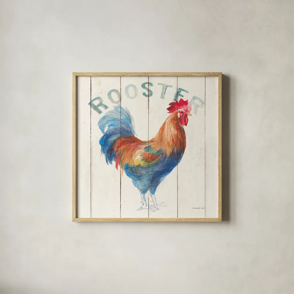 Rooster by Danhui Nai. Shown in a natural wood glass frame for a timeless modern aesthetic. Available as an archival giclee rolled canvas, fine art paper, or poster print. SKU 46168a.