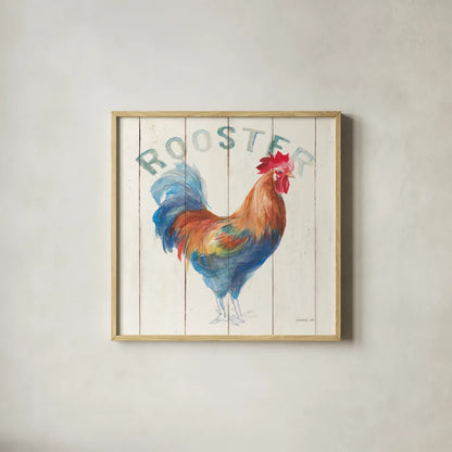 Rooster by Danhui Nai. Shown in a natural wood glass frame for a timeless modern aesthetic. Available as an archival giclee rolled canvas, fine art paper, or poster print. SKU 46168a.