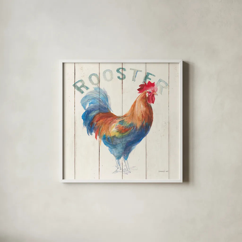 Rooster by Danhui Nai. Shown in a crisp white glass frame for a clean and minimalist style. Available as an archival giclee rolled canvas, fine art paper, or poster print. SKU 46168a.